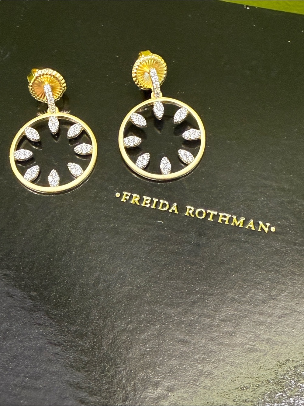 Freida Rothman Gold and White Crystal Circle Drop Earrings